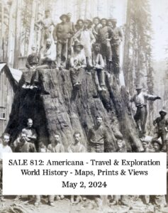 Catalogue cover for sale 812 depicting men posing on top of a stump of a giant redwood